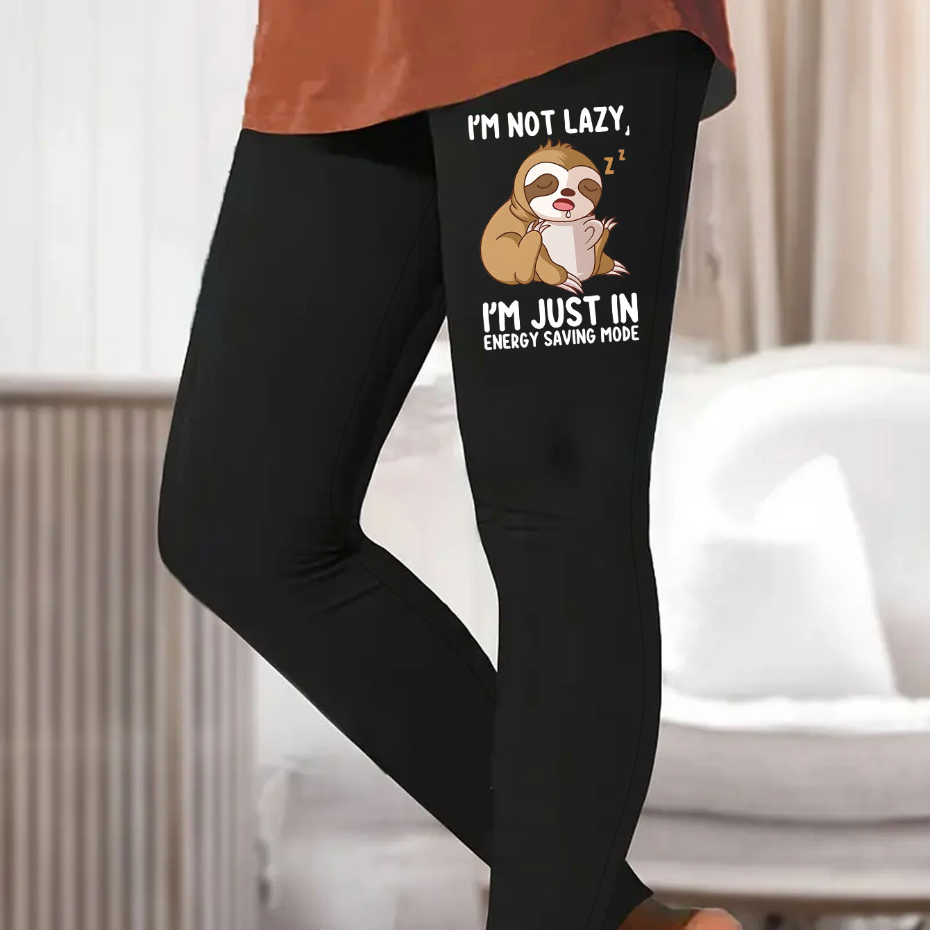 

Cute Sloth & Slogan Print Lounge Bottoms, Slim Fit Stretchy Pants, Women's Loungewear For Fall & Winter