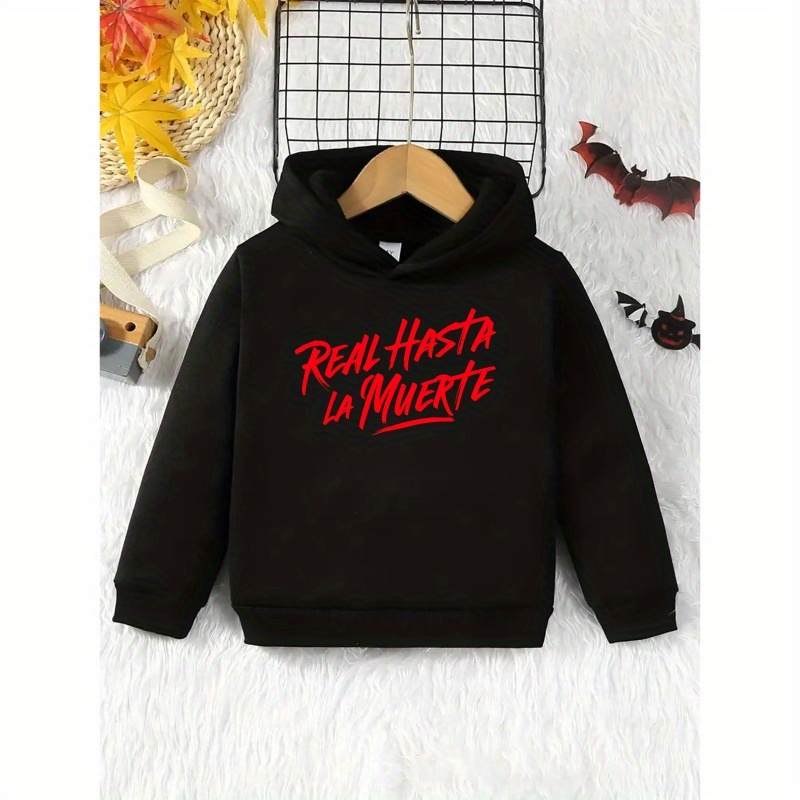 

Boys Real Hasta La Muerte Graphic Print Hoodie, Casual Long Sleeve Hooded Sweatshirt For Outdoor Gift