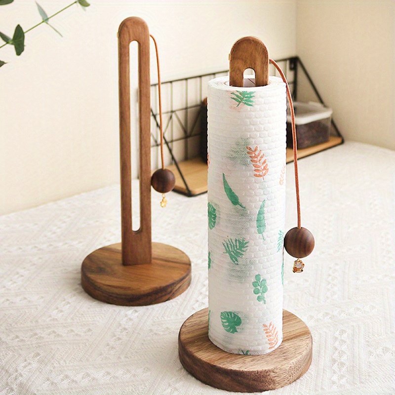 

Wooden Paper Towel Holder Stand For Countertop - Farmhouse Style, Solid Wood, Non-perforated, Vertical Roll Dispenser With Decorative Bead Detail