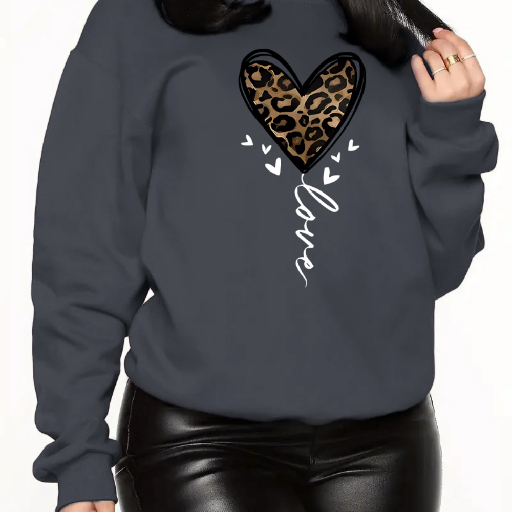 

Heart & Leopard Print Casual Pullover Tops, Round Neck Long Sleeves Sports Sweatshirt, Fall & Winter Women's Activewear