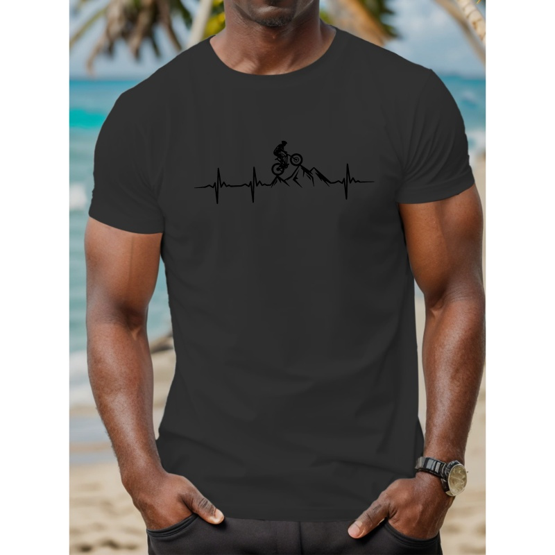 

Creative Mountain Biking And Electrocardiogram Print, Men's Casual Round Neck Short Sleeve Outdoor T-shirt, Comfy Fit Top For Summer Wear