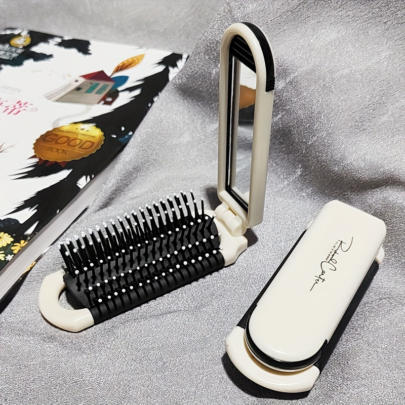 

1pc Portable Folding Hair Brush Comb With Mirror - Anti-static Mini Travel Size, Abs Plastic Handle, Plastic Bristles For Normal Hair Type