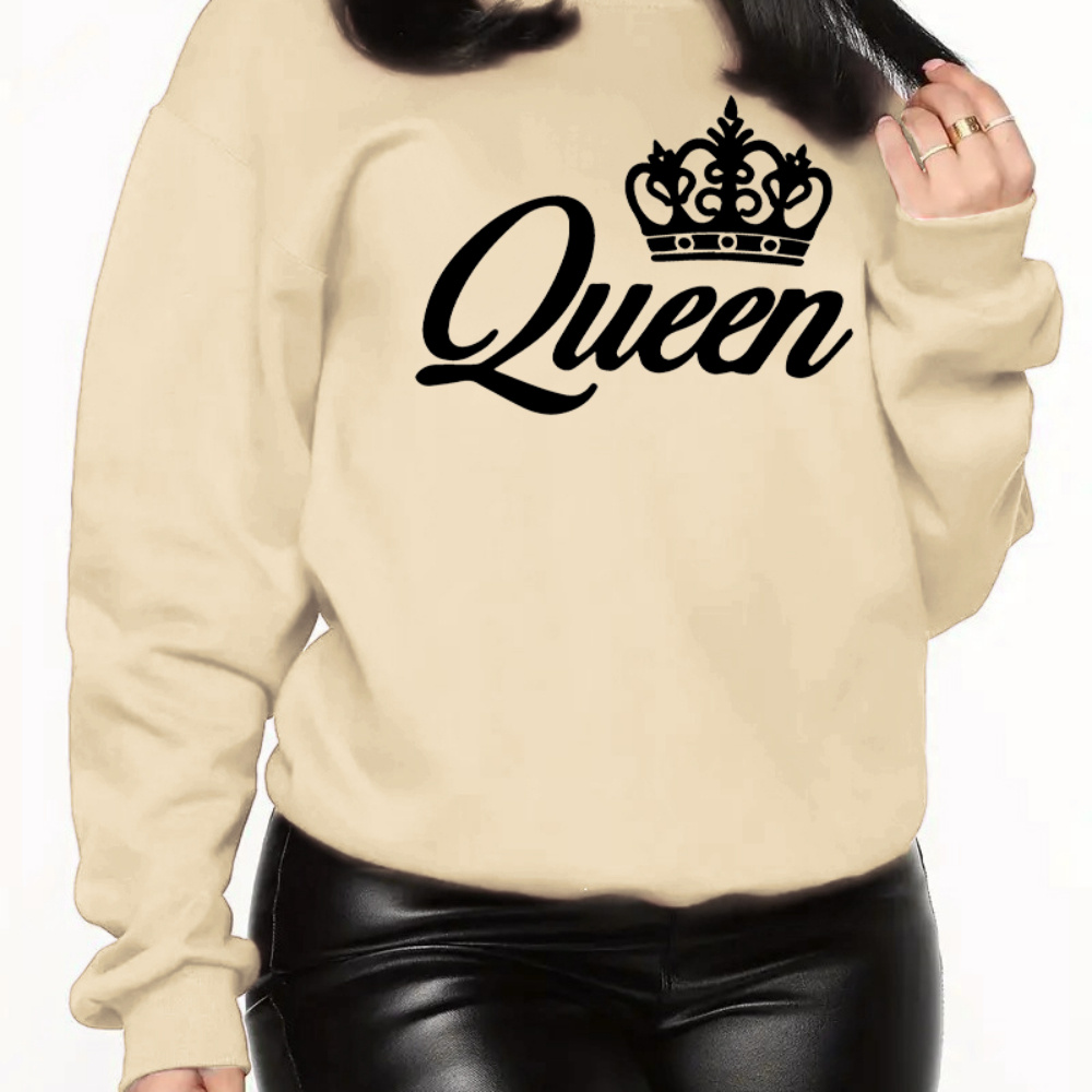 

Crown & Queen Letter Print Casual Pullover Tops, Round Neck Long Sleeves Sports Sweatshirt, Fall & Winter Women's Activewear