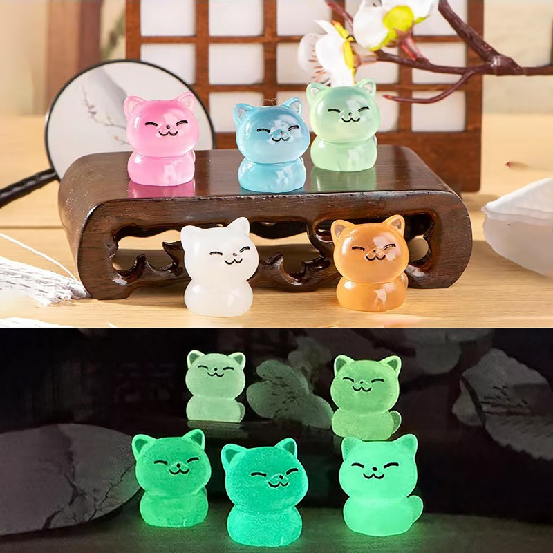 

20pcs Glow-in-the-dark Resin Smiling Little Cat Animal Statue Decoration Pieces, Used In Rooms, Courtyards, Gardens, Potted Moss And Green Plants Micro Scenery, Night Light Three-dimensional
