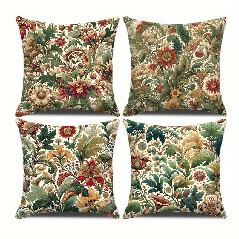 

Contemporary Botanical And Bird Print Throw Pillow Covers Set Of 4, Woven Polyester Zippered Cushion Cases For Sofa And Home Office Decor, Machine Washable - 18x18 Inches