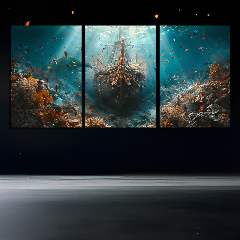 

Set Of 3 Underwater Shipwreck Canvas Wall Art Prints, Frameless Ocean-themed Triptych For Bedroom And Living Room Decor, 12x18 Inch Each - Major Material: Canvas - Nautical Vessel On Seabed Xhz6081