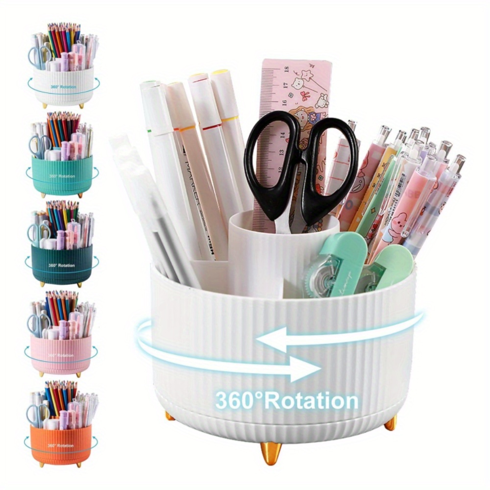 TEMU 360° Rotating Desk Organizer - 5-slot Pencil Holder With Large Storage Capacity, Cute Office & School Supplies Cup In Colors, Utility Hooks