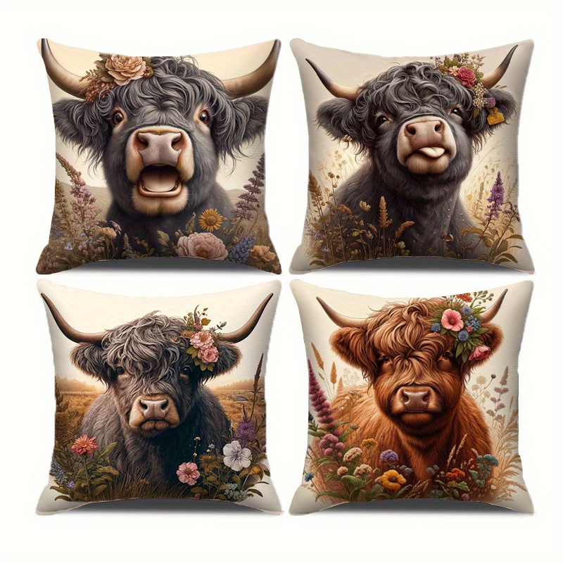 

4-piece Set Of Soft Polyester Throw Pillow Covers - Highland Cow & Wildflower Design In Gray And Brown - Perfect For Living Room, Bedroom, And Sofa Decor - Machine Washable With Zip Closure