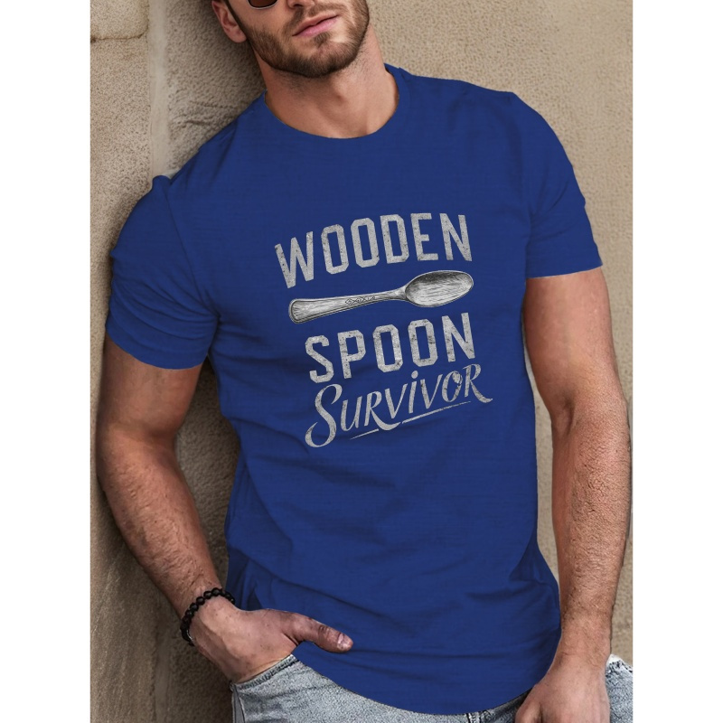 

Wooden Spoon Survivor Print Tee Shirt, Comfy Crew Neck Tee For Men, Casual Short Sleeve T-shirt For Summer