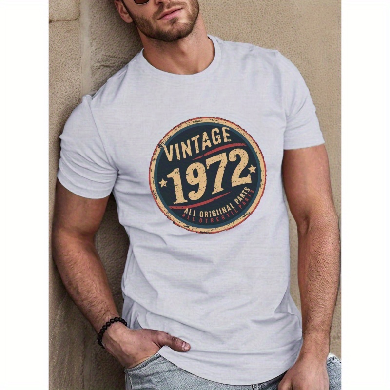 

Men's Vintage 1972 Print T-shirt, Casual Comfy Slightly Stretch Crew Neck Tee, Men's Clothing For Summer Outdoor Activity