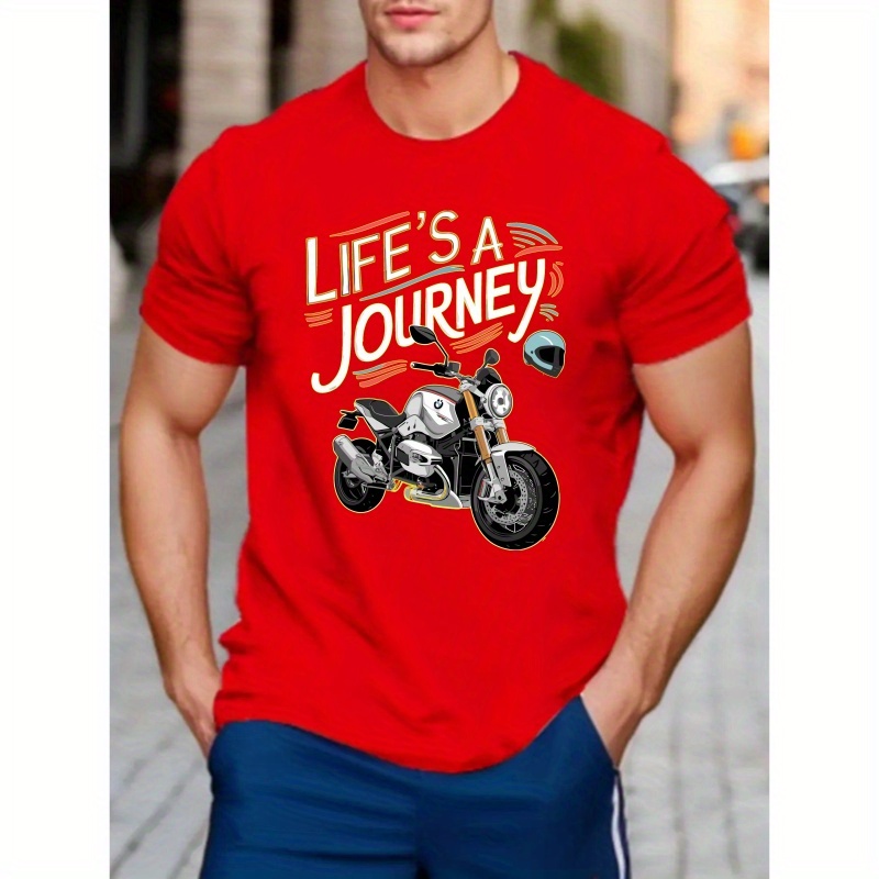 

Life's A Journey Letter Motorcycle Graphic Print Men's Crew Neck Short Sleeve Tees, Cotton T-shirt, Casual Comfy Versatile Top For Spring & Summer