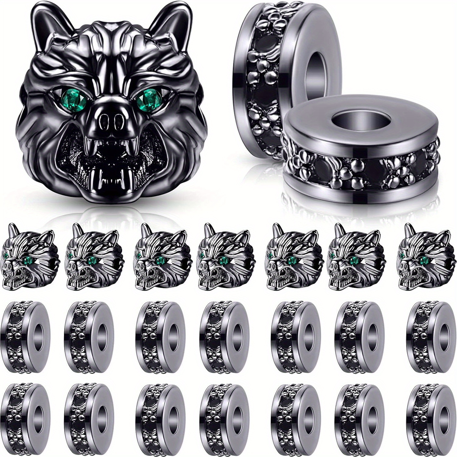 

24-piece Wolf Head Charms And Spacer Beads Set - Copper Animal Pendants, Wolf Theme, Black Zircon Crystal Connectors For Diy Men's Bracelets - Halloween Jewelry Making Kit Without Power Supply