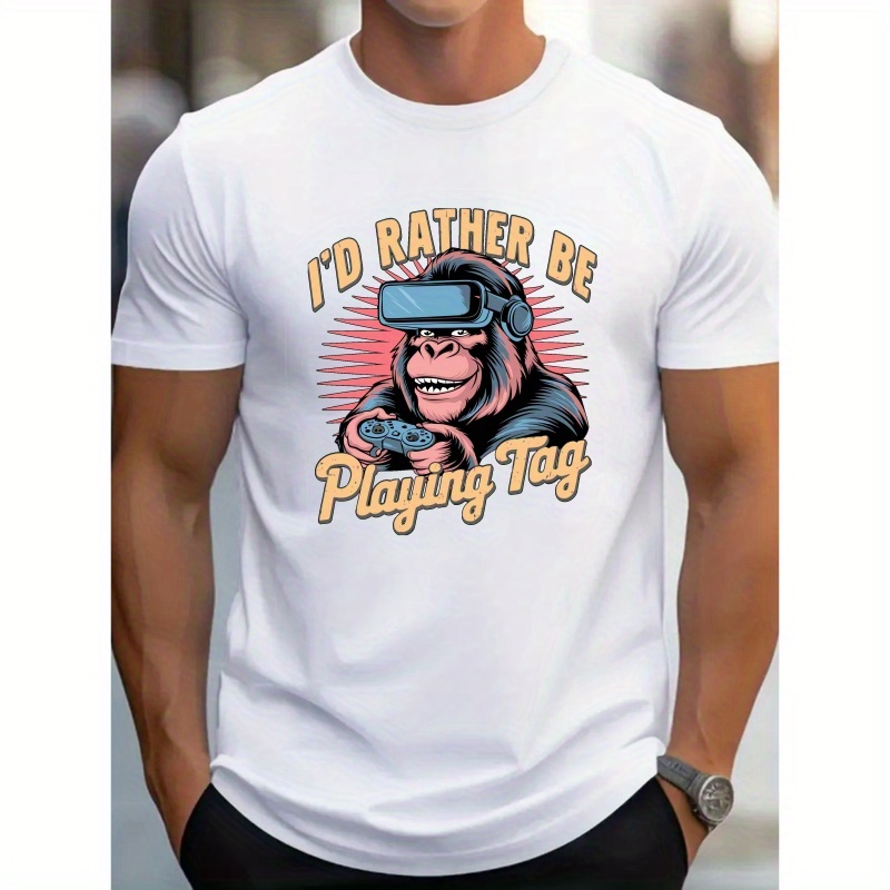 

Cartoon Gorilla Playing Game Graphic Print Men's Crew Neck Short Sleeve Tees, Cotton T-shirt, Casual Comfy Versatile Top For Spring & Summer