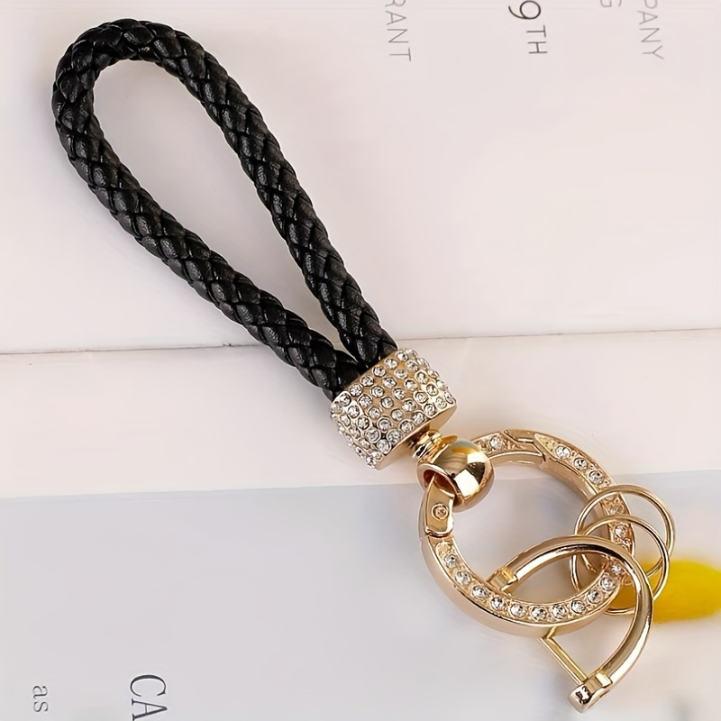 Image of Keychain Pendant For Car, Rhinestone Keyring With Handcrafted Faux Leather Rope, Anti-loss D Keychain Gifts For Birthday And Bachelor Party Supplies