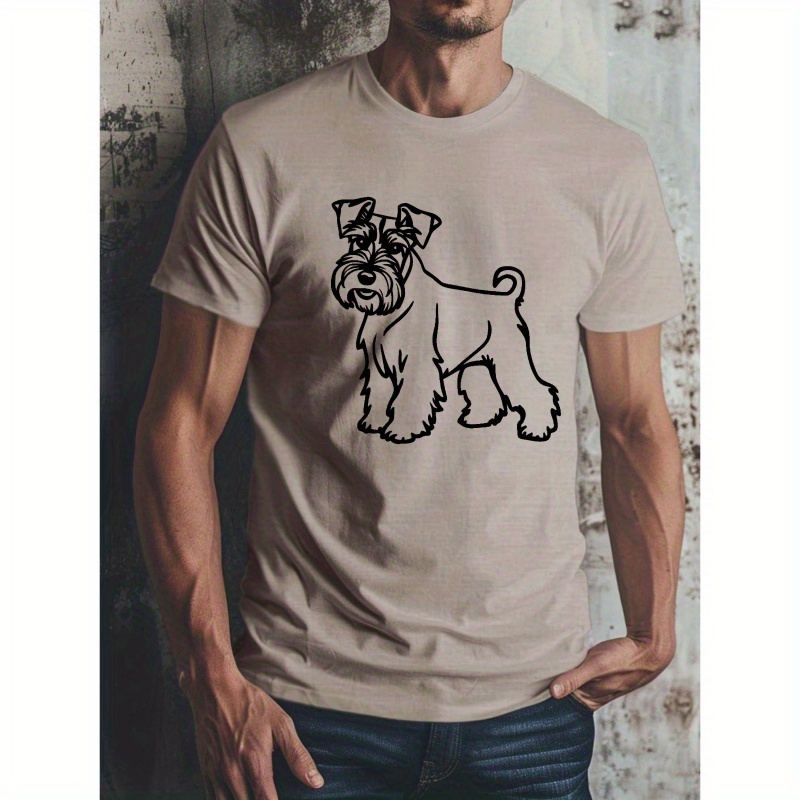 

Men's Casual Crew Neck T-shirt With Schnauzer Dog Graphic, 100% Polyester Knit Fabric, Stretch, Regular Fit, Summer Shoulder Tee - 150gsm