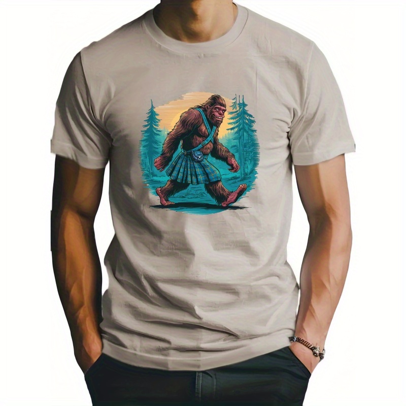 

Men's Casual Crew Neck Sasquatch Print T-shirt, Trendy Short Sleeve Top For Summer Daily Wear