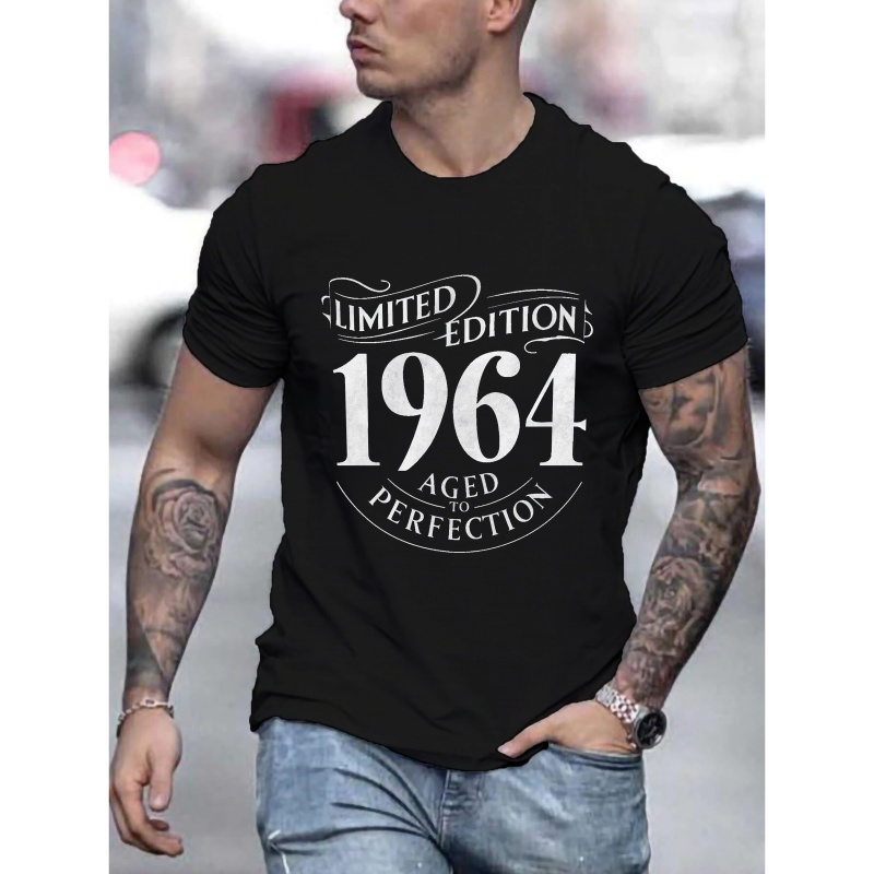 

Men's Trendy 1964 Print Crew Neck T-shirt For Summer, Soft Short Sleeve Top, Stylish Comfy Tee For Casual Wear