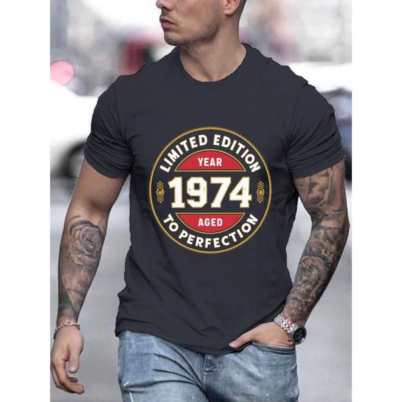 

1974 Print T-shirt, Men's Casual Comfy Slightly Stretch Short Sleeve Tee, Men's Clothing For Summer Outdoors