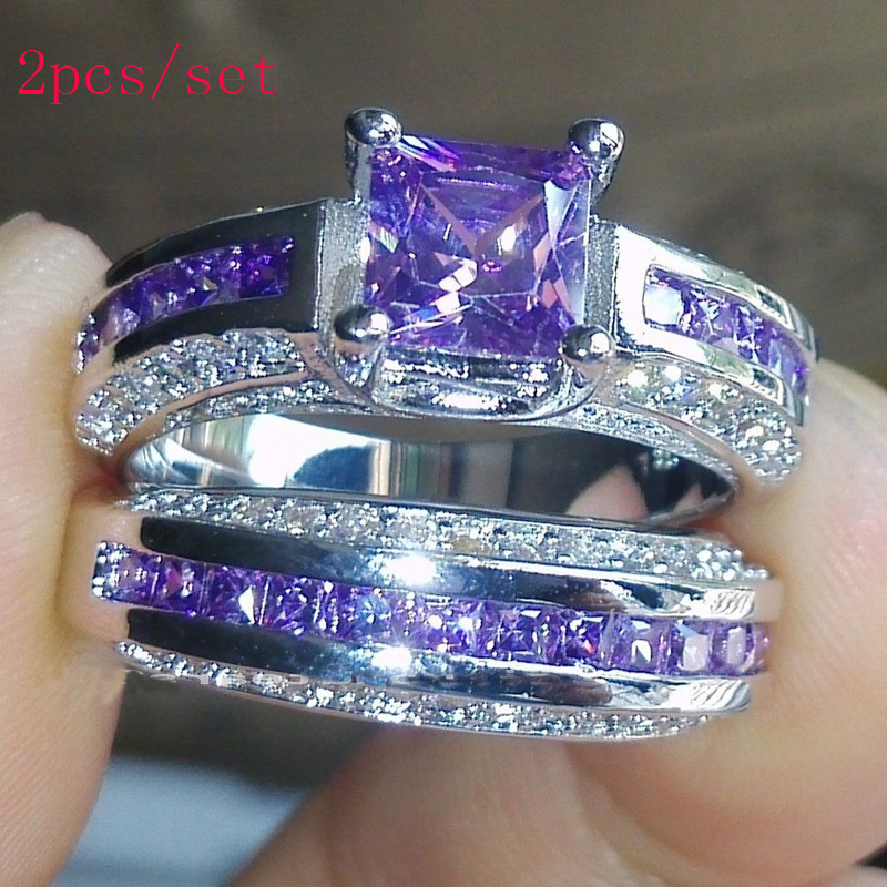 

2pcs/set Princess Plated Purple Zirconia Cz Gemstones Wedding Set Rings Size 6