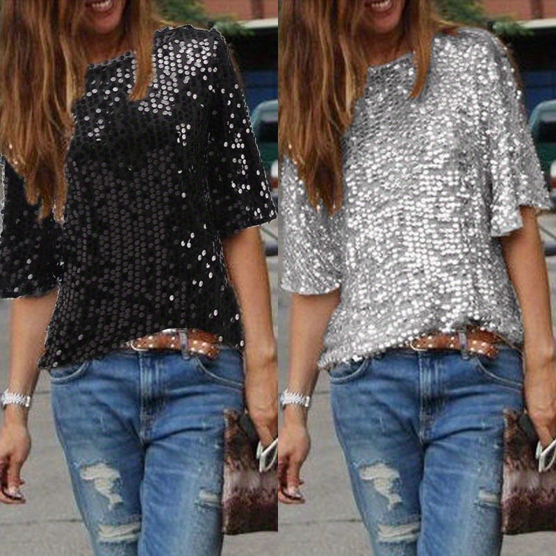 

Women Shirt, Sequin Short Sleeve Round Neck Loose T-shirt, Shoulder Top