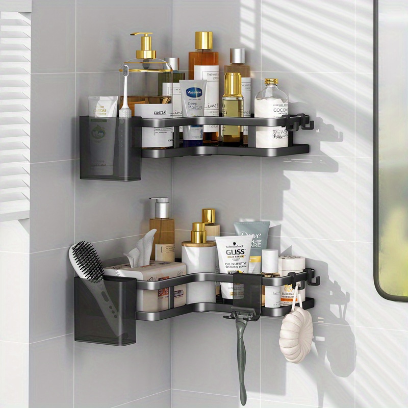 

2pcs Stainless Steel Corner Shower Caddy, Bathroom Triangular Storage Shelves, No Drilling Wall Mounted Dual-layer Organizer For Toilet, Balcony, Kitchen, With Adhesive Hook, Bathroom Accessories