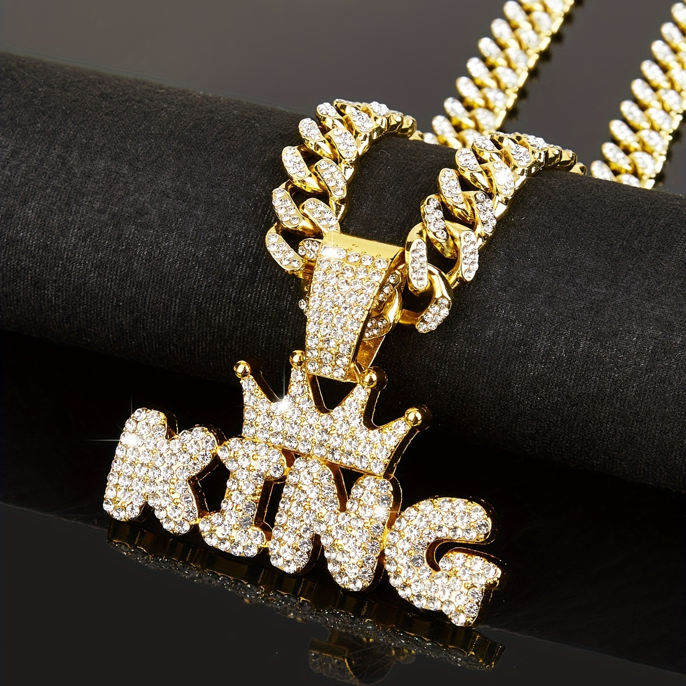 

Men's Bold King Crown Rhinestone Pendant Necklace - 50cm Zinc Alloy Cuban Chain, Fashion Hip Hop Jewelry