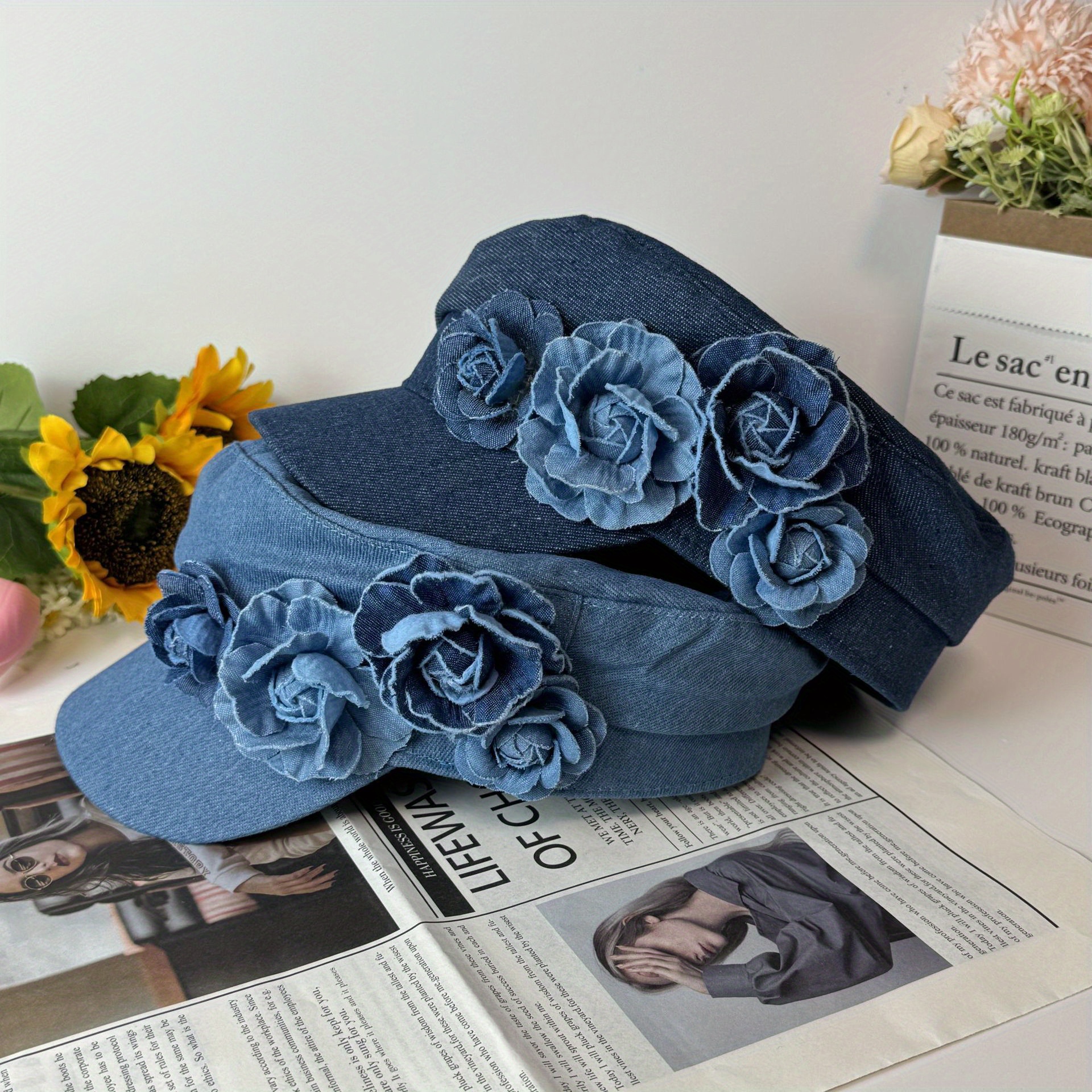 

Cotton Denim Beret With Floral Embellishment, Handcrafted Stripe Detail, Lightweight Flat Top Sunshade Cap For Women