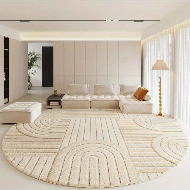 

Luxurious Faux Cashmere Round Rug - 10mm Thick, Soft & Fluffy, Non-slip, Machine Washable For Living Room, Bedroom, Office - Cream Stripe Design