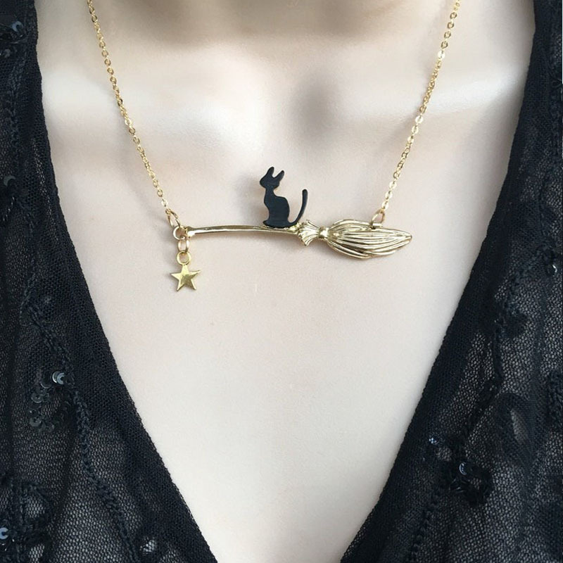 

Vintage Black Cat And Broomstick Pendant Necklace, Animal Theme Alloy Chain With Star Charm, Halloween Jewelry Accessory, No Plating - Suitable For All Seasons, Daily Wear