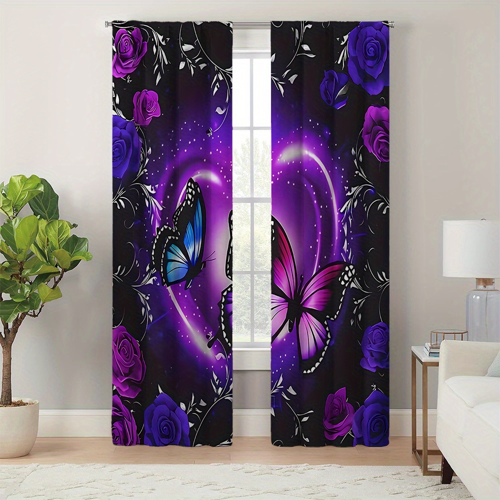 

2pcs/set Light Blocking Curtains, Purple Artistic Floral And Butterfly Printing Pattern, Uv Protection And Insulation Curtains, Bedroom And Living Room Decoration