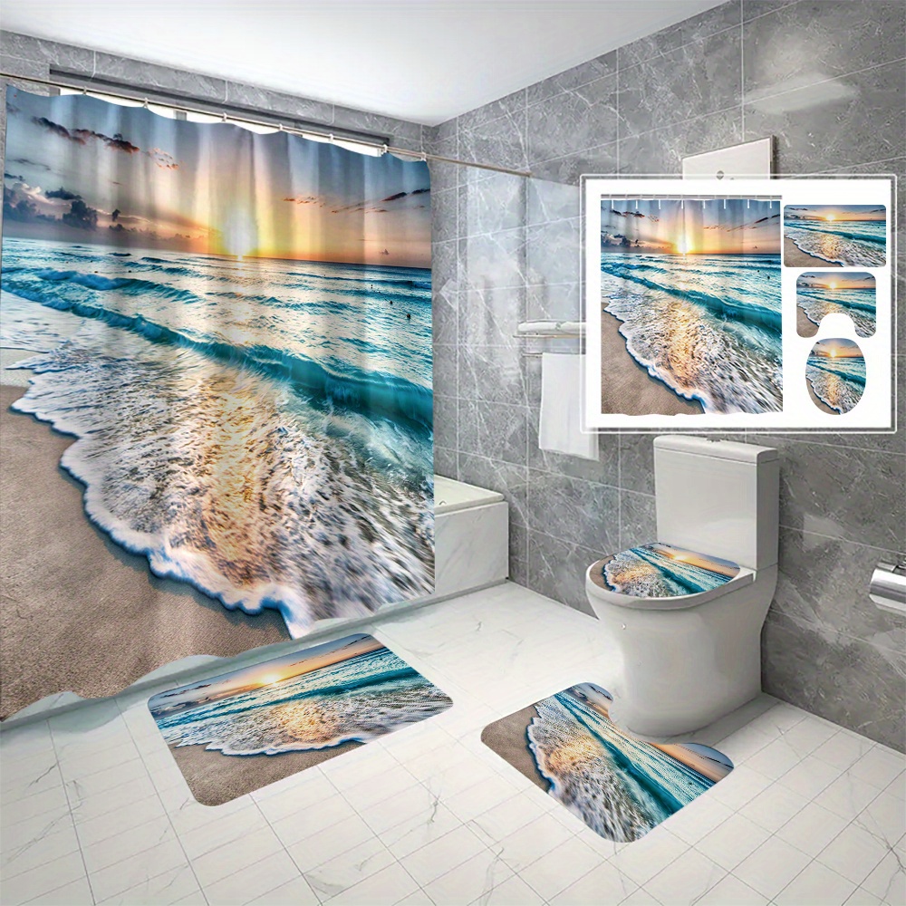 

4-piece Sunset Ocean Digital Print Polyester Waterproof Shower Curtain Set With Twill Weave, Machine Washable, Includes Hooks, Cartoon Landscape Theme Bathroom Decor