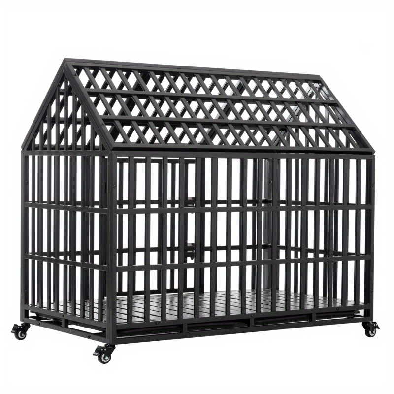 

52" Heavy Duty Dog Crate Large Dog Cage Strong Metal Dog Kennels And Crates For Large Dogs With 4 Lockable Wheels
