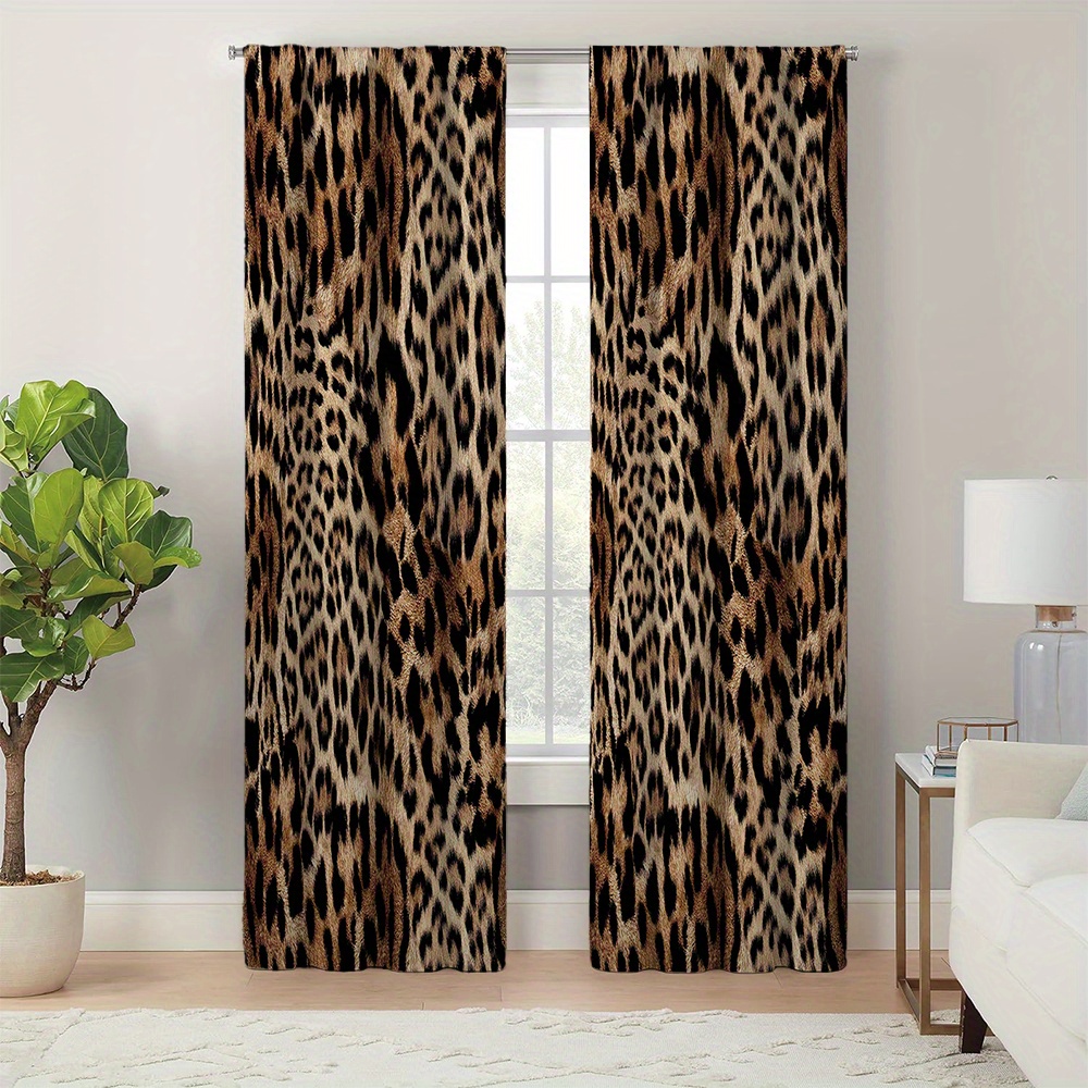 

2-piece Set Retro Leopard Print Light Blocking Curtains - Uv Protection & Insulation, Polyester, Machine Washable With Tieback For Living Room Decor