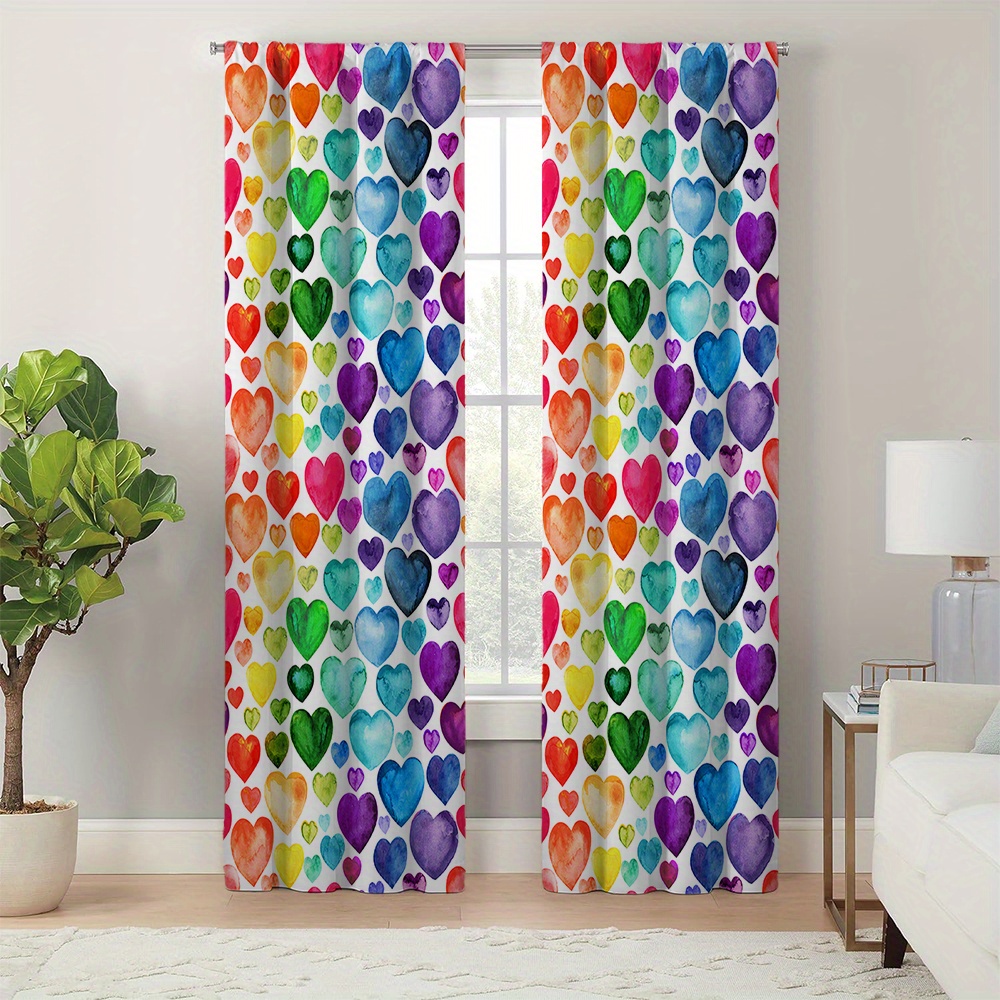 

Pair Of 2 Colorful Heart Print Light Blocking Curtains, Polyester, Uv Protection And Thermal Insulation, Luxurious Style Room Home Decor