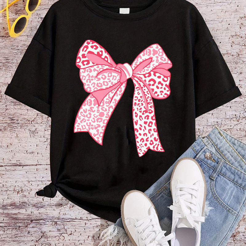 

Bow Graphic Print Creative T-shirts, Soft & Elastic Comfy Crew Neck Short Sleeve Tee, Girls' Summer Tops