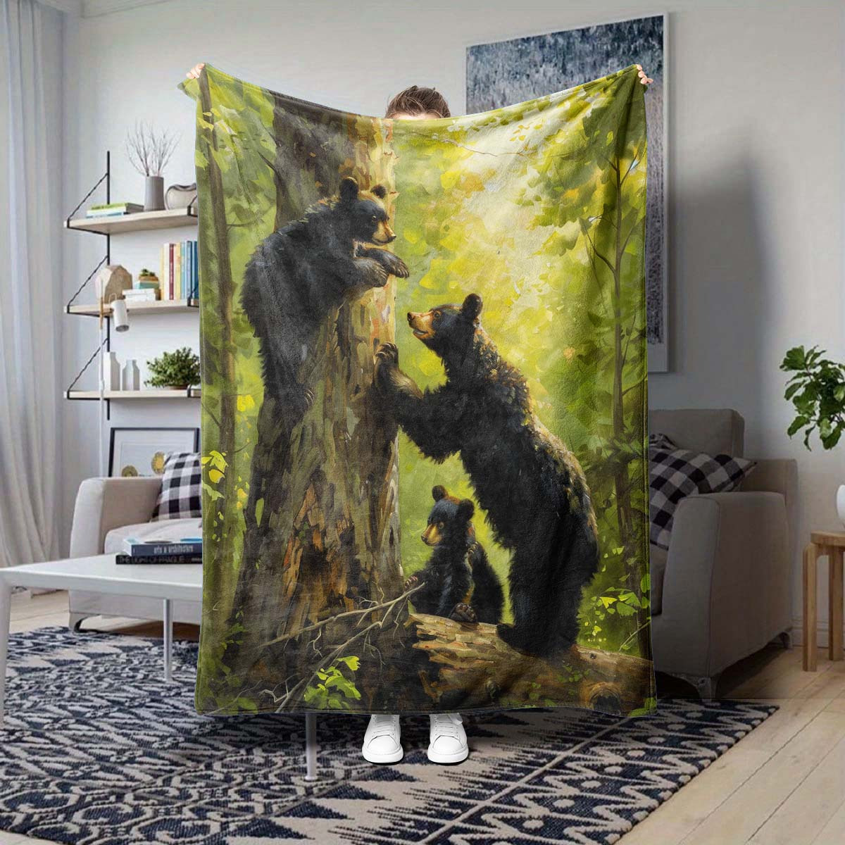 

Festive Black Bear Family Printed Office Nap Blanket - 65in X 165cm