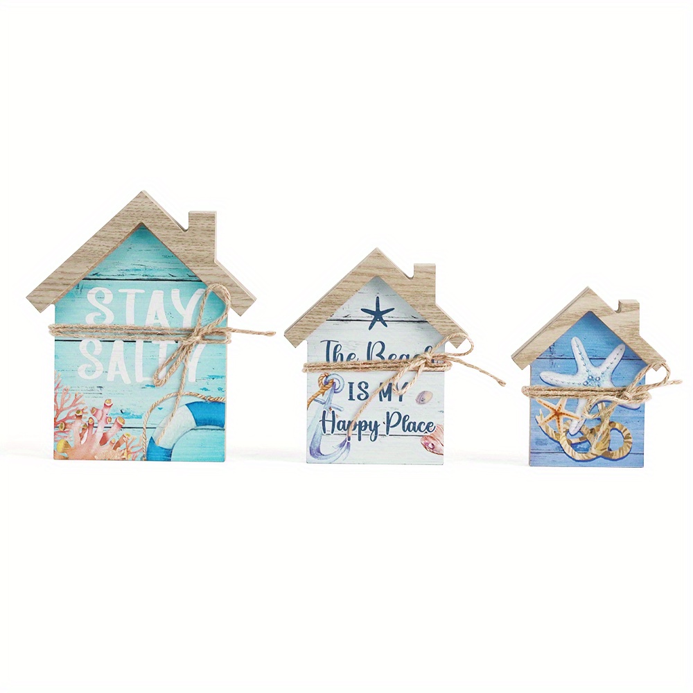 Image of [jit] Putuo Decor 3pcs Shaped Wooden Table Decor, The Beach Is , Desktop Decoration For Home Farmhouse Beach House , Christmas Gift