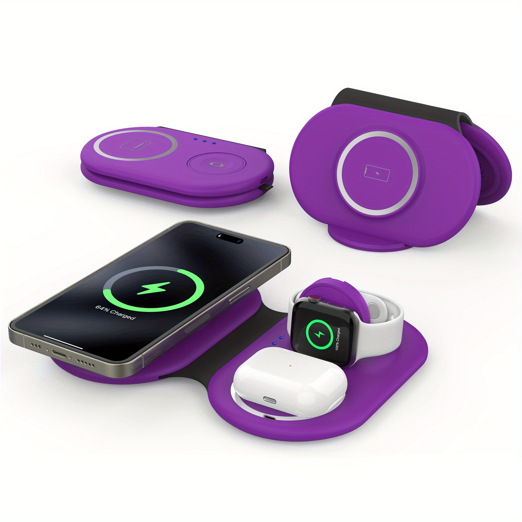 

Purple, Foldable Charger 3 In 1, Magnetic Wireless Charger, Wireless Charging Station, Travel Charger For Iphone 15/14/13/12 Series, Pro/3/2, Iwatch 2-9/ultra, Adapter Included