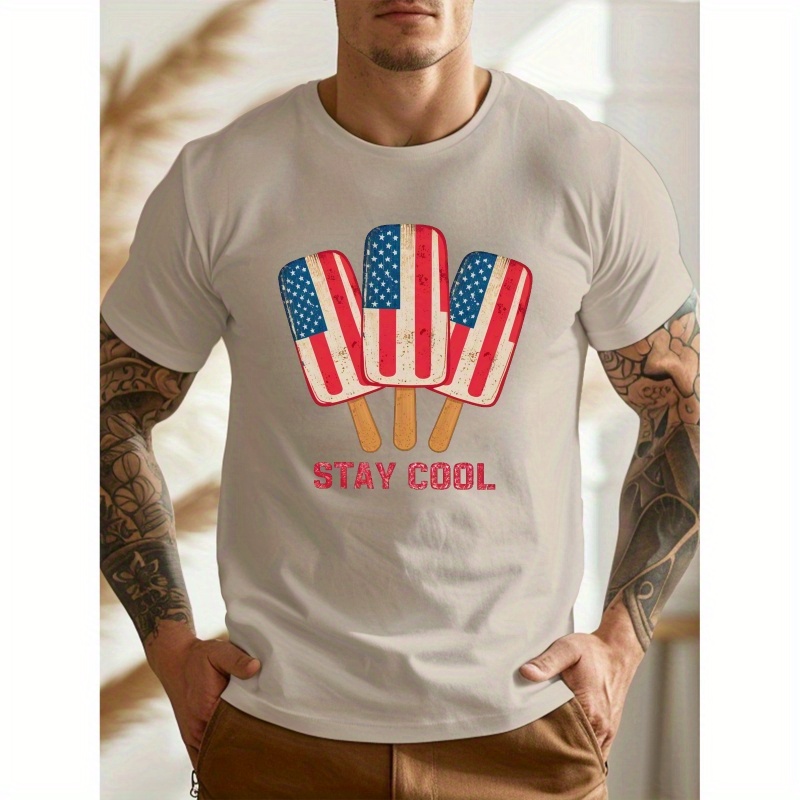 

Stay Cool Popsicles Print Short Sleeved T-shirt, Casual Comfy Versatile Tee Top, Men's Everyday Spring/summer Clothing