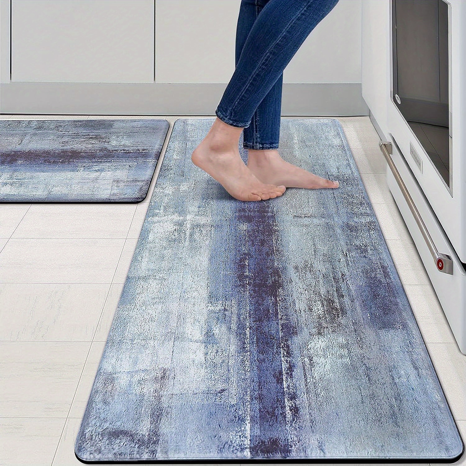 TEMU Anti Fatigue Kitchen Mat - Set Of 2 - Blue And Marble Design Mats - Cushioned, Non Slip Floor Mat, Kitchen Gifts