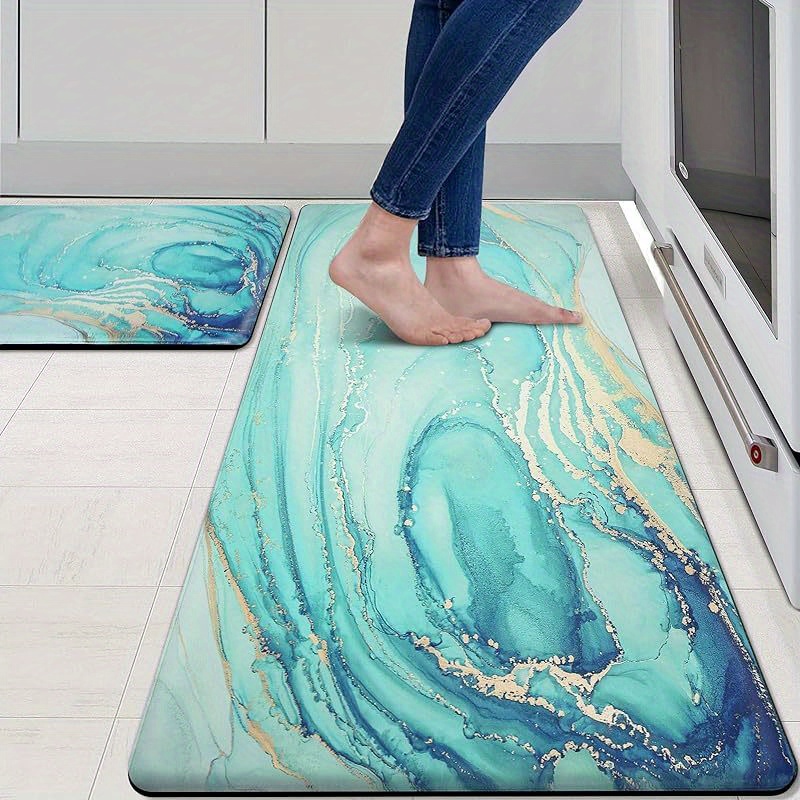 TEMU Kitchen Rugs And Mats Set Of 2 Teal Marble Golden Anti Fatigue Mat Pvc Non Slip Turquoise Foam Cushioned Kitchen Mats For Floor Dining Room Home Office Sink Laundry