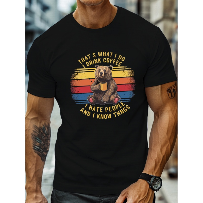 

Cute Bear Holding Cup Pattern Print Short Sleeve T-shirt For Men, Casual Crew Neck Top, Comfy Summer Clothing For Daily Wear & Outdoor Fitness