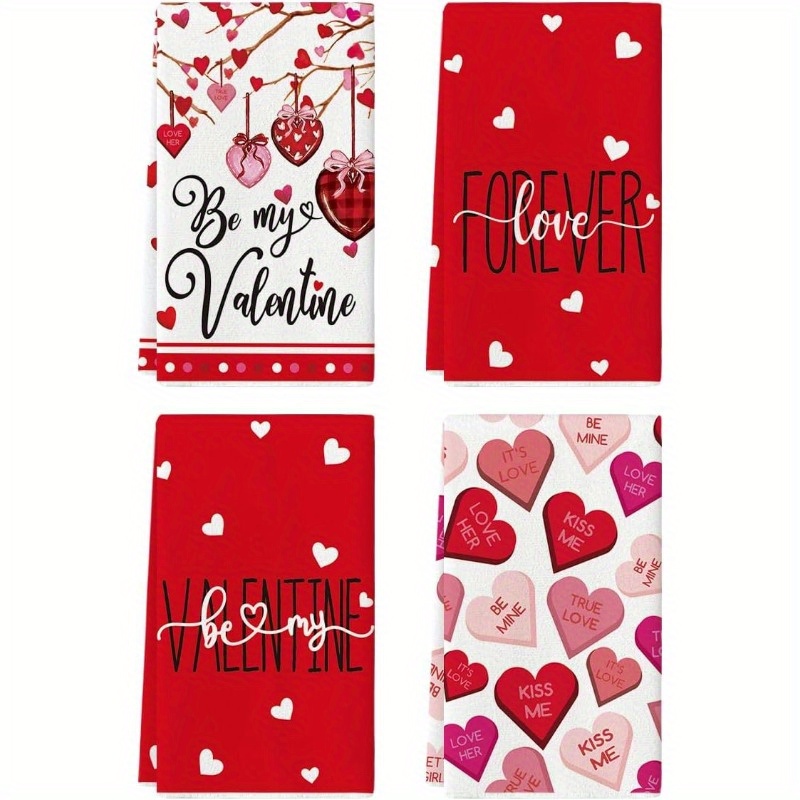 

Set Of 4 Valentine's Kitchen Dish Towels, Super Soft Polyester Blend, Modern Woven Hand Towels With Love & Hearts Design, Machine Washable, 18x26 Oblong Decorative Towels For Wedding & Anniversary