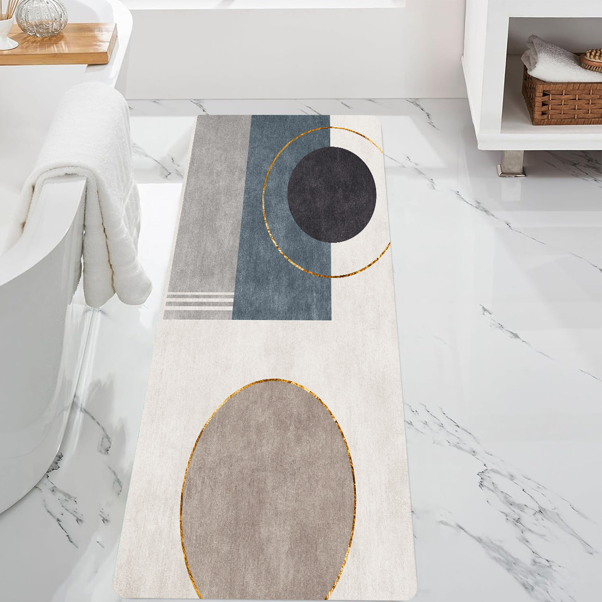 

Abstract Geometric Polyester Bath Rug With Non-slip Backing, Woven Flannel Sponge Print, 1cm Thick, 468gsm, Rectangle Bathroom Mat