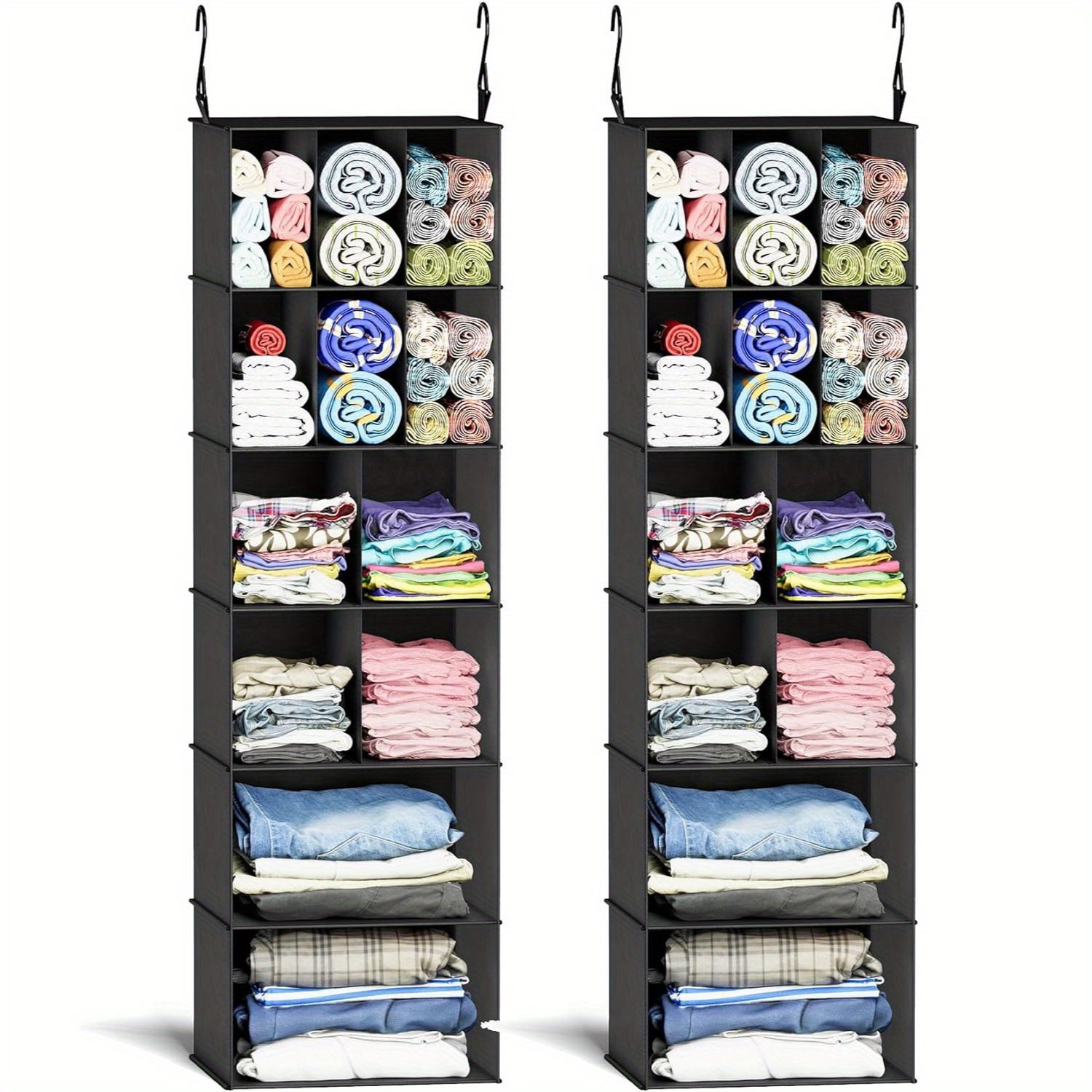 

2 Pack Black 12-compartment Hanging Closet Storage Organizer With Dividers, Ideal For Wardrobe, Nursery, Cloakroom, Or Rv