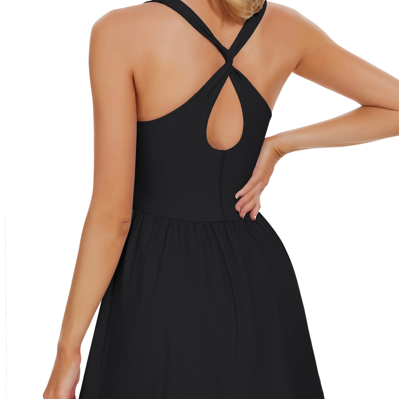 

Twist Backless Tennis Dress With Built In Shorts, Casual Ruffle Hem Sleeveless Workout Mini Dress With Pockets, Women's Clothing