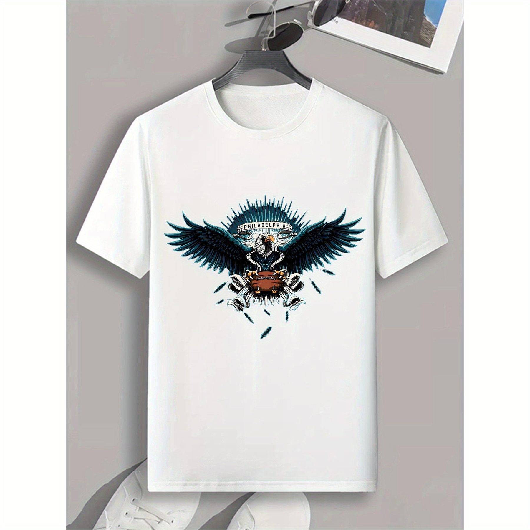 

Creative Eagle Rugby Graphic Print Men's Crew Neck Short Sleeve Tees, Casual T-shirt, Summer Trendy Comfortable Versatile Top For Everyday Wear