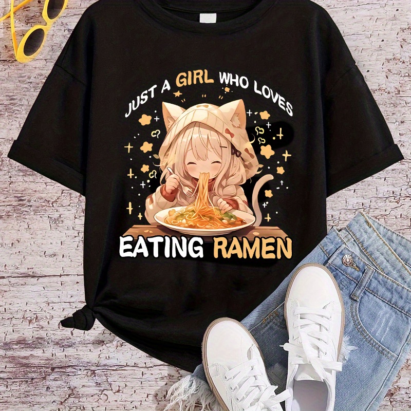 

just A Girl Who Loves Eating Ramen" Letter & Cartoon Girl Graphic Print Creative T-shirts, Soft & Elastic Comfy Crew Neck Short Sleeve Tee, Girls' Summer Tops, Suitable For Daily Wear