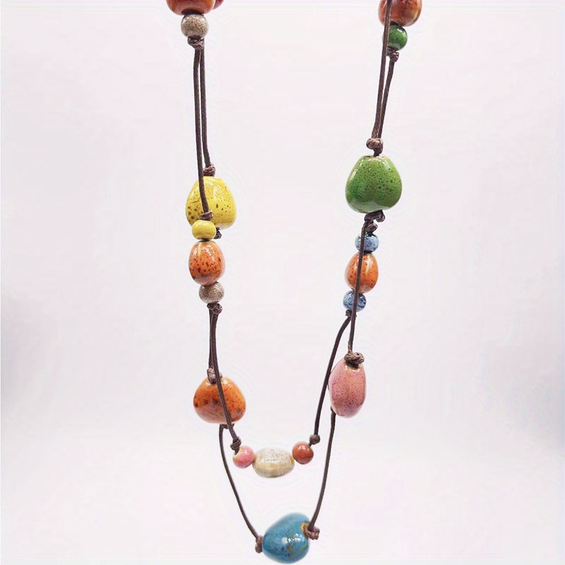 

Chic Vintage-inspired Colorful Ceramic Bead Necklace - Y2k Classic Double Layer Long Chain For Women | Perfect For Vacations & Music Festivals