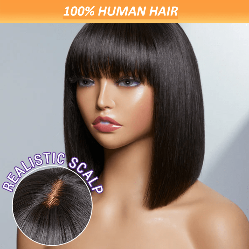 

Rebeccaq 100% Human Hair Bob Wig With Bangs - Straight, -free, And Silky - Suitable For All Hair Types - Rose Net Cap